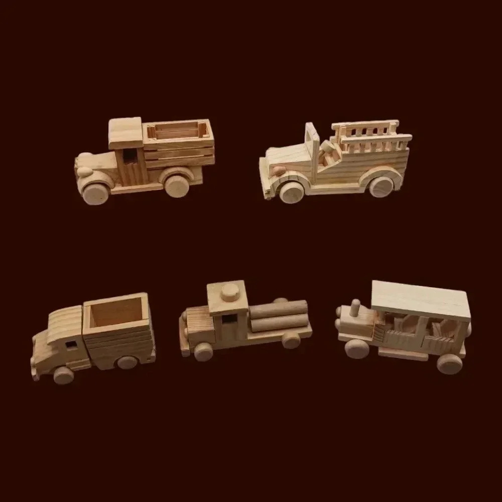 Vtg Natural Wooden Toy Vehicle Lot of 5 Fire Trucks Ambulance Dump & Log Truck